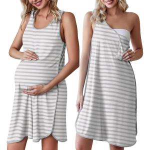 image:imageEkouaer Labor and Delivery Gown for Hospital 3 in 1 Nursing Dress Sleeveless Maternity Snap Button Breastfeeding NightgownGrey Striped