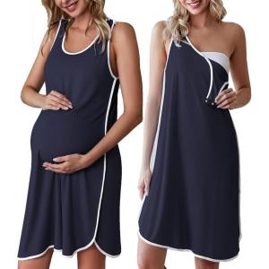 image:imageEkouaer Labor and Delivery Gown for Hospital 3 in 1 Nursing Dress Sleeveless Maternity Snap Button Breastfeeding NightgownNavy Blue