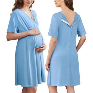 image:imageEkouaer Labor and Delivery Gown for Hospital Short Sleeve Maternity Nursing Dress Nightgown with Button SXXLLake Blue