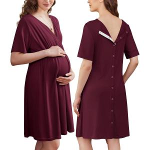 image:imageEkouaer Labor and Delivery Gown for Hospital Short Sleeve Maternity Nursing Dress Nightgown with Button SXXLMaroon