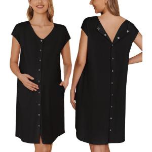 image:imageEkouaer LaborDeliveryHospital Gown Nursing Nightgown Maternity Sleepwear With Pockets Postpartum Gowns with Button SXXLBlack