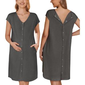 image:imageEkouaer LaborDeliveryHospital Gown Nursing Nightgown Maternity Sleepwear With Pockets Postpartum Gowns with Button SXXLDark Grey