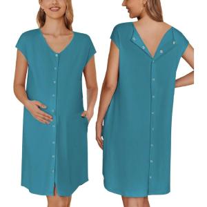 image:imageEkouaer LaborDeliveryHospital Gown Nursing Nightgown Maternity Sleepwear With Pockets Postpartum Gowns with Button SXXLLake Blue