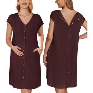 image:imageEkouaer LaborDeliveryHospital Gown Nursing Nightgown Maternity Sleepwear With Pockets Postpartum Gowns with Button SXXLMaroon
