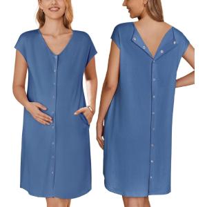 image:imageEkouaer LaborDeliveryHospital Gown Nursing Nightgown Maternity Sleepwear With Pockets Postpartum Gowns with Button SXXLNavy Blue
