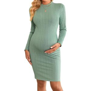 image:imageEkouaer Maternity Dress Mock Turtleneck Pregnancy Dress Rib Knit Stretchy Bodycon Baby Shower DressMint Green