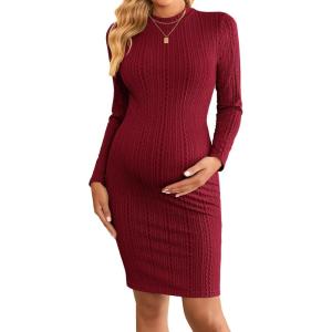 image:imageEkouaer Maternity Dress Mock Turtleneck Pregnancy Dress Rib Knit Stretchy Bodycon Baby Shower DressWine Red
