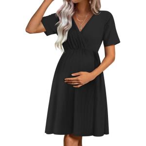 image:imageEkouaer Maternity Nursing Dress V Neck Short Sleeve Breastfeeding Dresses Ribbed Knit Pregnancy Clothes SXXLBlack