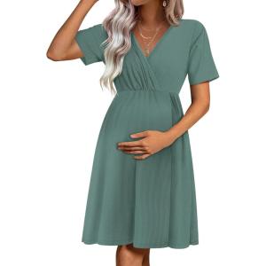 image:imageEkouaer Maternity Nursing Dress V Neck Short Sleeve Breastfeeding Dresses Ribbed Knit Pregnancy Clothes SXXLGreen