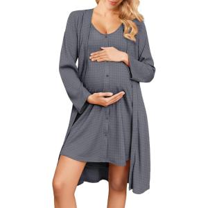 image:imageEkouaer Maternity Nursing Gown and Robe Set 2 Piece Waffle Breastfeeding Nightgown 3 in 1 Labor and Delivery Hospital GownDark Grey