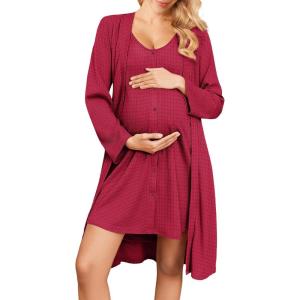 image:imageEkouaer Maternity Nursing Gown and Robe Set 2 Piece Waffle Breastfeeding Nightgown 3 in 1 Labor and Delivery Hospital GownDark Red