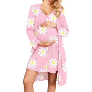 image:imageEkouaer Maternity Nursing Gown and Robe Set 2 Piece Waffle Breastfeeding Nightgown 3 in 1 Labor and Delivery Hospital GownPink Floral