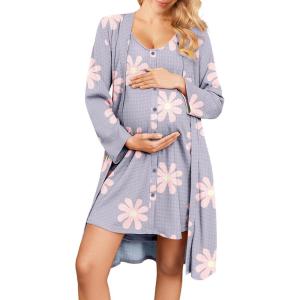 image:imageEkouaer Maternity Nursing Gown and Robe Set 2 Piece Waffle Breastfeeding Nightgown 3 in 1 Labor and Delivery Hospital GownPurple Floral