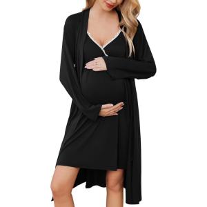 image:imageEkouaer Maternity Nursing Gown and Robe Set Lace Nursing Nightgown for Breastfeeding Labor Delivery gowns for HospitalA Black