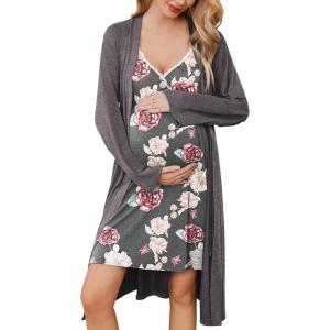 image:imageEkouaer Maternity Nursing Gown and Robe Set Lace Nursing Nightgown for Breastfeeding Labor Delivery gowns for HospitalA Light Grey Flower