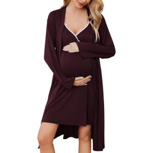 image:imageEkouaer Maternity Nursing Gown and Robe Set Lace Nursing Nightgown for Breastfeeding Labor Delivery gowns for HospitalBurgundy