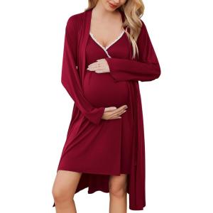 image:imageEkouaer Maternity Nursing Gown and Robe Set Lace Nursing Nightgown for Breastfeeding Labor Delivery gowns for HospitalBurgundy Wine Red