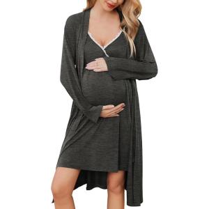 image:imageEkouaer Maternity Nursing Gown and Robe Set Lace Nursing Nightgown for Breastfeeding Labor Delivery gowns for HospitalDark Grey