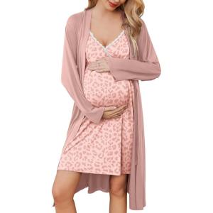 image:imageEkouaer Maternity Nursing Gown and Robe Set Lace Nursing Nightgown for Breastfeeding Labor Delivery gowns for HospitalLeopard Pink