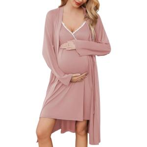image:imageEkouaer Maternity Nursing Gown and Robe Set Lace Nursing Nightgown for Breastfeeding Labor Delivery gowns for HospitalPink