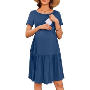 image:imageEkouaer Nursing Dress Summer Short Sleeve Breastfeeding Casual Knee Length Maternity Dresses SXXLGrey Blue