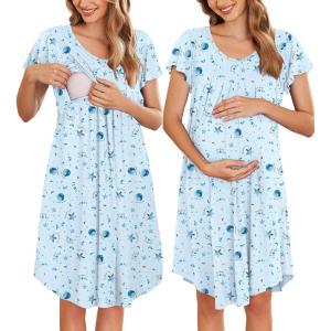 image:imageEkouaer Nursing Nightgown Labor and Delivery Gown Hospital Breastfeeding Dress for Women Short Sleeve Maternity SleepwearBlue Star
