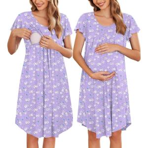 image:imageEkouaer Nursing Nightgown Labor and Delivery Gown Hospital Breastfeeding Dress for Women Short Sleeve Maternity SleepwearFloral Purple