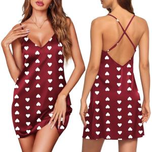 image:imageEkouaer Satin Nightgown Silk Full Slip Dress Woman Sleepwear Lingerie Dress Silk Mini Slip Chemise Nightgown SXXLLove Print Red