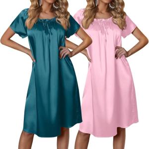 image:imageEkouaer Satin Nightgowns for Women 2 Pack Silk Nightgown Pleated Loose Night Shirts Short Sleeve Sleep ShirtsBlue GreenDark Pink