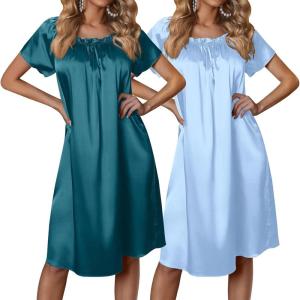 image:imageEkouaer Satin Nightgowns for Women 2 Pack Silk Nightgown Pleated Loose Night Shirts Short Sleeve Sleep ShirtsBlue GreenLight Blue