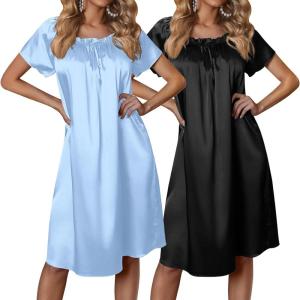 image:imageEkouaer Satin Nightgowns for Women 2 Pack Silk Nightgown Pleated Loose Night Shirts Short Sleeve Sleep ShirtsLight BlueBlack