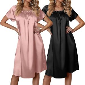 image:imageEkouaer Satin Nightgowns for Women 2 Pack Silk Nightgown Pleated Loose Night Shirts Short Sleeve Sleep ShirtsPinkBlack