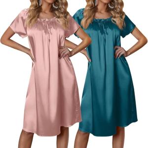 image:imageEkouaer Satin Nightgowns for Women 2 Pack Silk Nightgown Pleated Loose Night Shirts Short Sleeve Sleep ShirtsPinkBlue Green