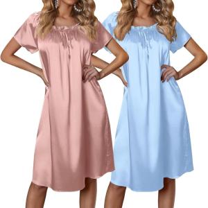 image:imageEkouaer Satin Nightgowns for Women 2 Pack Silk Nightgown Pleated Loose Night Shirts Short Sleeve Sleep ShirtsPinkLight Blue