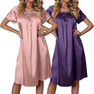 image:imageEkouaer Satin Nightgowns for Women 2 Pack Silk Nightgown Pleated Loose Night Shirts Short Sleeve Sleep ShirtsPinkPurple