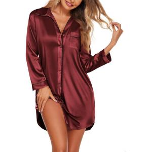 image:imageEkouaer Satin Nightgowns for Women Button Down Sleep Shirt Silk Night Shirt Long Sleeve Boyfriend Sleepwear S3XLWine Red