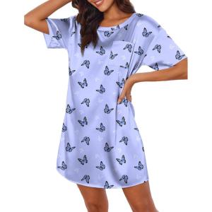 image:imageEkouaer Silk Sleep Shirts for Women Satin Nightshirt Tshirt Nightgown Sleepwear Shirt Dress With Chest Pocket S2XLButterfly Blue