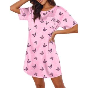 image:imageEkouaer Silk Sleep Shirts for Women Satin Nightshirt Tshirt Nightgown Sleepwear Shirt Dress With Chest Pocket S2XLButterfly Deep Pink