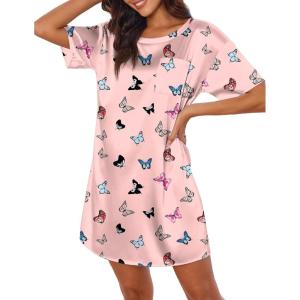 image:imageEkouaer Silk Sleep Shirts for Women Satin Nightshirt Tshirt Nightgown Sleepwear Shirt Dress With Chest Pocket S2XLButterfly Pink