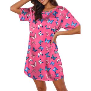 image:imageEkouaer Silk Sleep Shirts for Women Satin Nightshirt Tshirt Nightgown Sleepwear Shirt Dress With Chest Pocket S2XLButterfly Rose