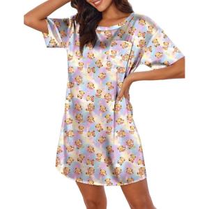 image:imageEkouaer Silk Sleep Shirts for Women Satin Nightshirt Tshirt Nightgown Sleepwear Shirt Dress With Chest Pocket S2XLButterfly Teddy