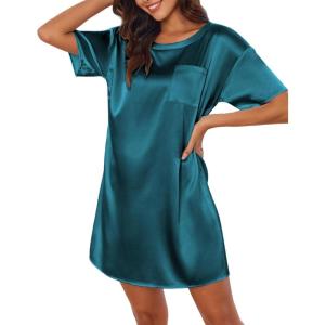 image:imageEkouaer Silk Sleep Shirts for Women Satin Nightshirt Tshirt Nightgown Sleepwear Shirt Dress With Chest Pocket S2XLDark Blue