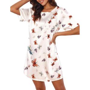image:imageEkouaer Silk Sleep Shirts for Women Satin Nightshirt Tshirt Nightgown Sleepwear Shirt Dress With Chest Pocket S2XLFlower White