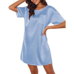 image:imageEkouaer Silk Sleep Shirts for Women Satin Nightshirt Tshirt Nightgown Sleepwear Shirt Dress With Chest Pocket S2XLLight Blue