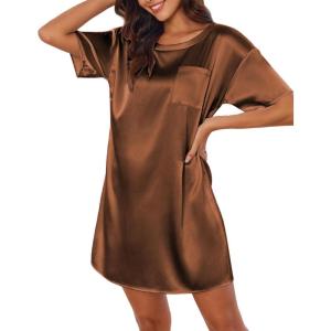 image:imageEkouaer Silk Sleep Shirts for Women Satin Nightshirt Tshirt Nightgown Sleepwear Shirt Dress With Chest Pocket S2XLLight Brown