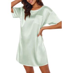 image:imageEkouaer Silk Sleep Shirts for Women Satin Nightshirt Tshirt Nightgown Sleepwear Shirt Dress With Chest Pocket S2XLLight Green