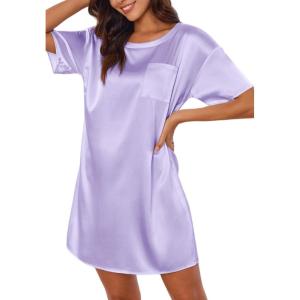 image:imageEkouaer Silk Sleep Shirts for Women Satin Nightshirt Tshirt Nightgown Sleepwear Shirt Dress With Chest Pocket S2XLLilac