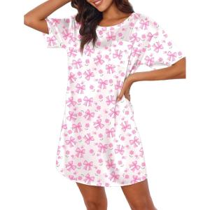 image:imageEkouaer Silk Sleep Shirts for Women Satin Nightshirt Tshirt Nightgown Sleepwear Shirt Dress With Chest Pocket S2XLPink Bow