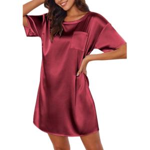 image:imageEkouaer Silk Sleep Shirts for Women Satin Nightshirt Tshirt Nightgown Sleepwear Shirt Dress With Chest Pocket S2XLWine Red