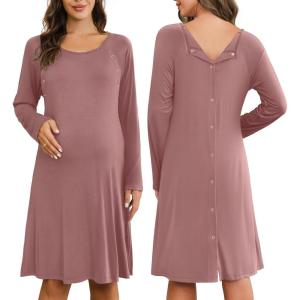 image:imageEkouaer Women Maternity Nightgown Labor Delivery Nursing Gown Hospital Breastfeeding Dress Button Down Long Sleeve SleepwearDusty Pink
